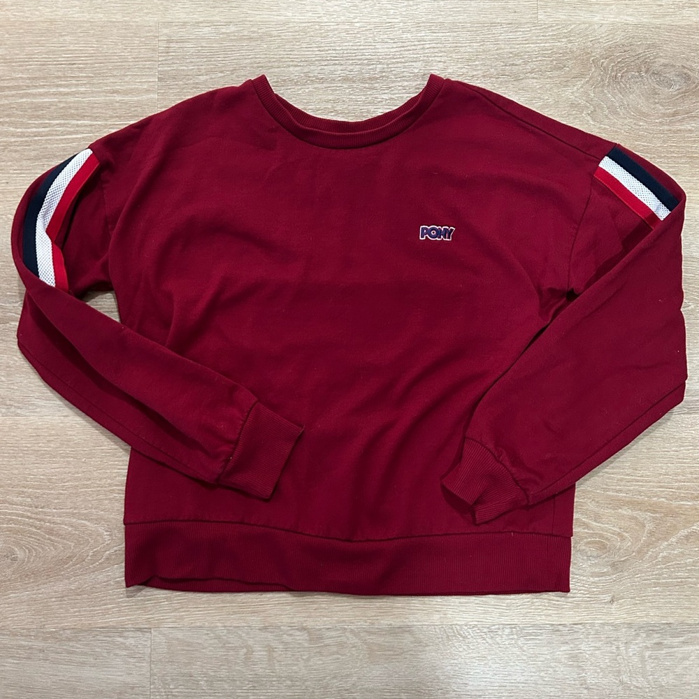 PONY Brand Sweatshirt Women Medium Maroon Vintage Logo Striped Sleeve Retro Crew